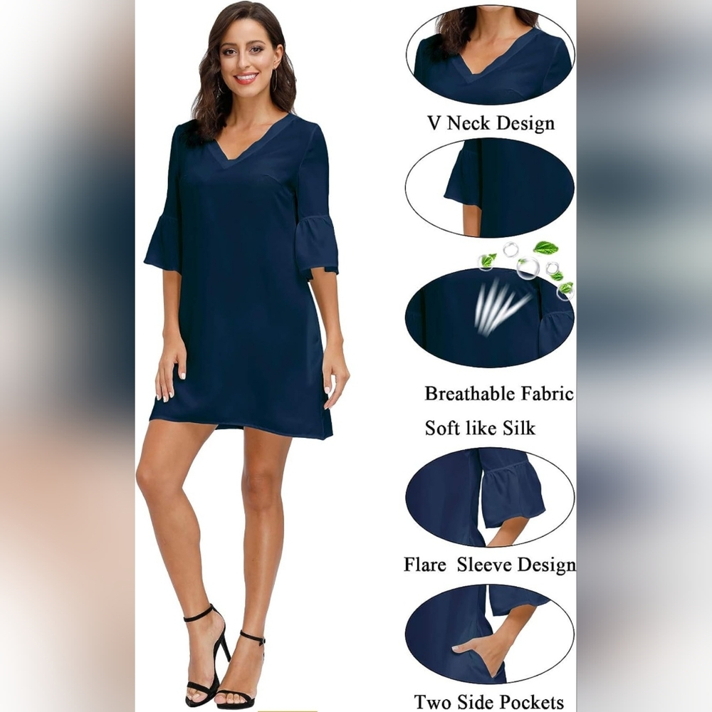 Womans V Neck, Mini Tunic dress Size Medium NWT Navy Blue Bell Sleeves - Picture 3 of 5